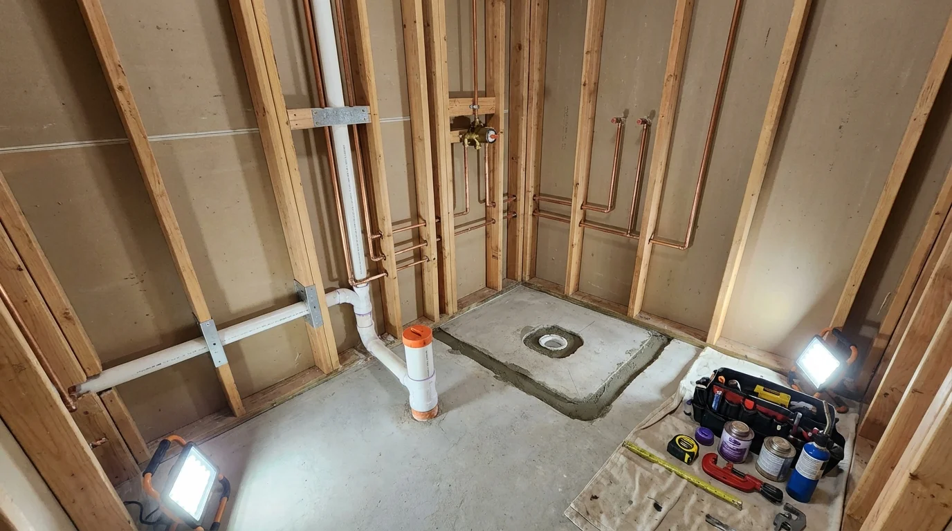 Bathroom rough-in plumbing during remodel by Johns Plumbing LLC in Clive