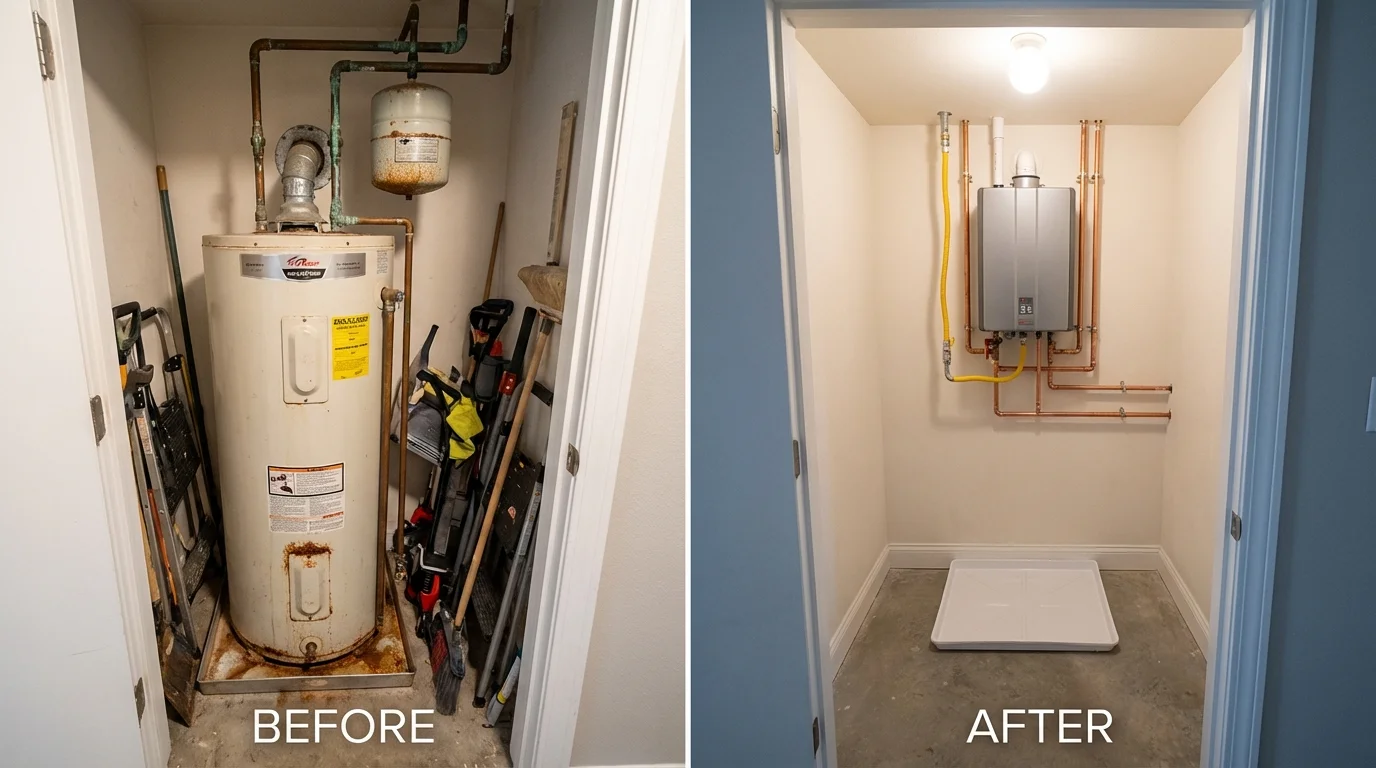 Tank water heater versus wall-mounted tankless unit comparison for Clive, IA homeowners