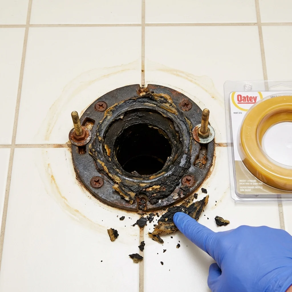 Failed wax ring showing water seepage at the base of a toilet in a Clive, IA home